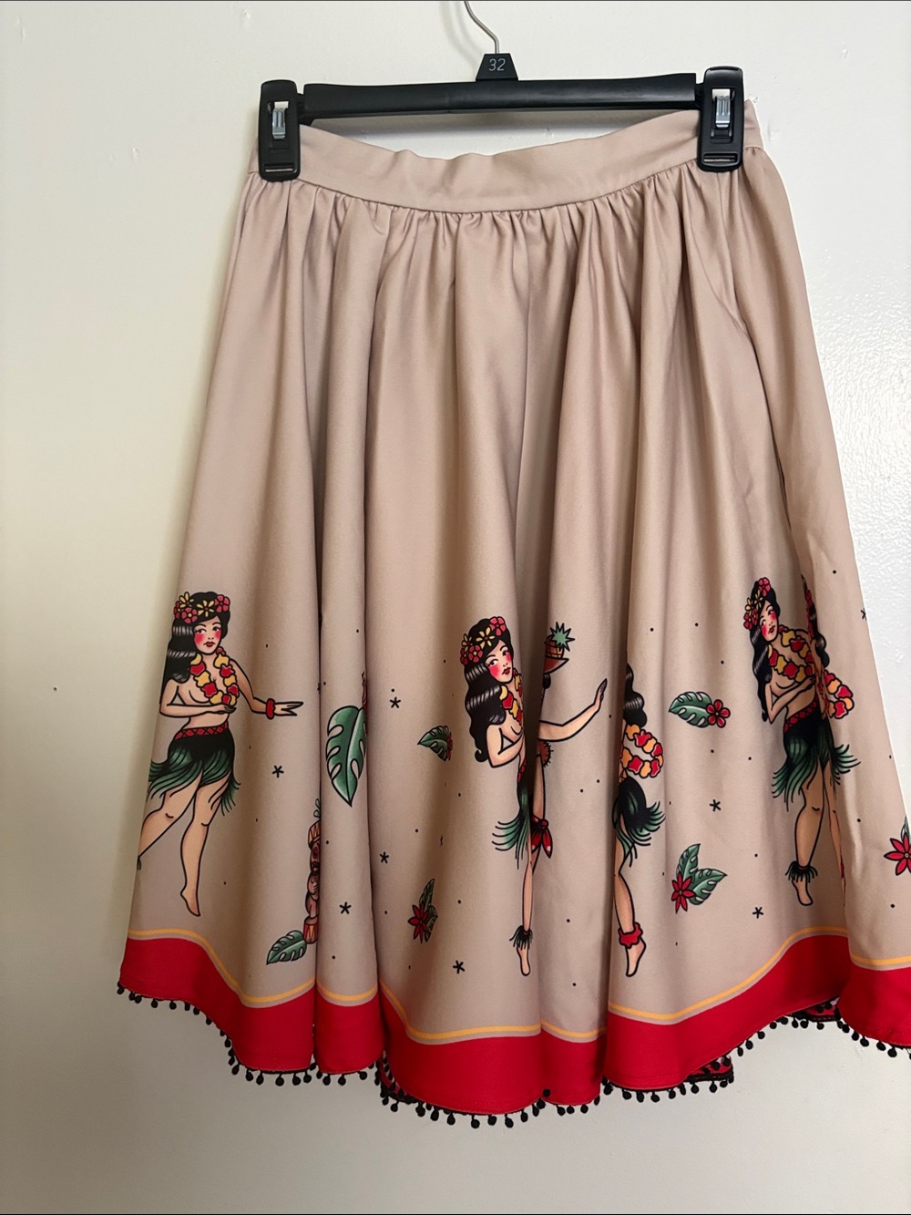 Pinup Couture Beige Circle Skirt with Hula Girl Print and Red Trim